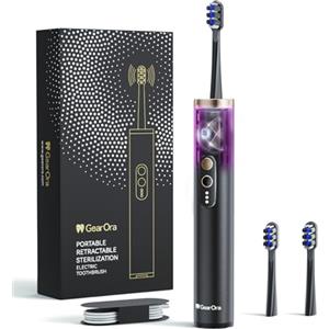 GearOra Spazzolino Elettrico Sonico con sterilizzazione UV, 3 Testine Professionali Antibatteriche in Grafene, Spazzolino da Viaggio per Adulti e Bambini, Ricaricabile, Design Retrattile Portatile, IPX7, Nero