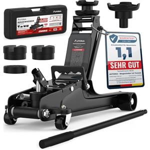 AUTORIA Cric idraulico 2,5T - Cric di manovra idraulico piatto con valigetta, 3X inserto in gomma e adattatore - per auto e veicoli ribassati - fino a 2.500 kg di portata