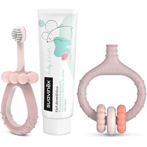Suavinex, Set per iniziare l'Igiene Dentale, Include: Spazzolino da Denti per Neonati + Massaggiatore per Gengive + Dentifricio per Neonati, Manici Ergonomici, Uso Quotidiano, +0 Mesi, Rosa