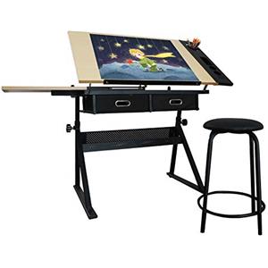 MIADOMODO® Tavolo da Disegno - Piano Inclinabile, Altezza Regolabile, con 2 Cassetti e Sgabello, Artistico, da Architetto - Scrivania da Disegno Tecnico