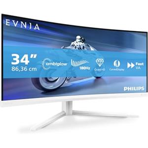 AOC Philips Evnia 34M2C5501A - Monitor gaming curvo WQHD da 34 pollici, 180 Hz, 1 ms, FreeSync Premium, Ambiglow (3440x1440, 2x HDMI 2.0, 1x DisplayPort 1.4, Hub USB) bianco