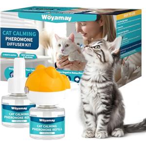 Woyamay Feromoni Per Gatti Calmante Per Gatti 3 in 1 - Kit Antistress Con 1 Diffusore E 2 Ricariche Da 48ml, Feromoni Gatto Per Ridurre Ansia E Stress, Efficace Fino A 60 Giorni, Set Diffusore Per Gatti.