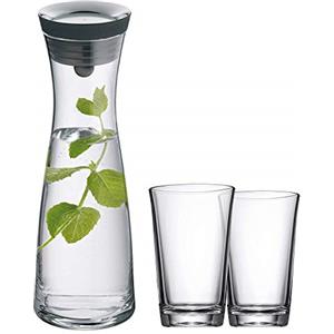 WMF Basic - Set di 3 caraffa per acqua da 1 l, con 2 bicchieri da 250 ml, caraffa in vetro con coperchio, coperchio in silicone, caraffa per acqua con coperchio, chiusura a scatto
