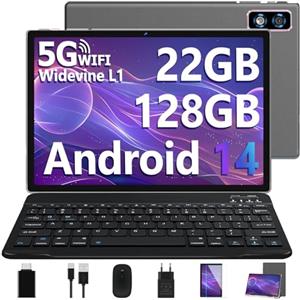 DEERTiME 2025 Newest Tablet Android 14 10 Pollici 22GB RAM+128GB ROM(TF 1TB), 8000mAh/Octa Core 2.0Ghz/5G+2.4G WiFi/Bluetooth 5.0/Widevine L1/GMS/8MP+5MP/GPS/2 in 1 Tablet PC con Tastiera e Mouse - Grigio