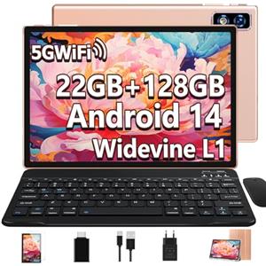 DEERTiME 2025 Newest Tablet Android 14 10 Pollici 22GB RAM+128GB ROM(TF 1TB), 8000mAh/Octa Core 2.0Ghz/5G+2.4G WiFi/Bluetooth 5.0/Widevine L1/GMS/8MP+5MP/GPS/2 in 1 Tablet PC con Tastiera e Mouse - Oro Rosa