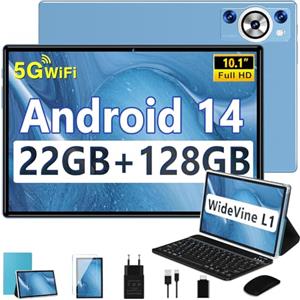 DEERTiME 2025 Newest Tablet Android 14 10.1 Pollici 22GB RAM+128GB ROM(TF 1TB), Octa Core 2.0 GHz/5G WiFi/8000mAh/Corpo Metallico/BT5.0/5+8MP/Face ID/Widgets/FHD/GPS Tablet con Tastiera e Mouse - Blu