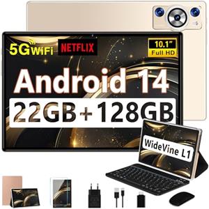 DEERTiME 2025 Newest Tablet Android 14 10.1 Pollici 22GB RAM+128GB ROM(TF 1TB), Octa Core 2.0 GHz/5G WiFi/8000mAh/Corpo Metallico/BT5.0/5MP+8MP/FHD/Face ID/Widgets/GPS Tablet con Tastiera e Mouse - Oro