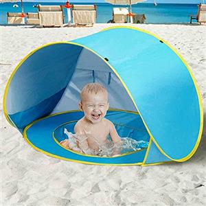 Bakaji Tenda Gioco Bambini da Spiaggia con Tettuccio Parasole Mini Piscina a Scomparsa Rete di Areazione Sistema Pieghevole Pop Up Portatile Fissaggio a Picchetti Custodia Dimensione 120x80x70 cm