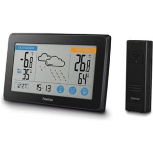 Hama - Stazione barometica Touch con sensore Esterno. Orologio radiocontrollato, Calendario, previsione Meteo, Temperatura/umidità Interna/Esterna, Nero