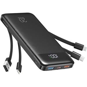 Charmast Power Bank 20000mAh con Cavi Integrati 22.5W USB A & 20W USB C Caricatore Portatile Carica Rapida Batteria Esterna LED Display con 5 Uscite e 4 ingressi Compatibile con iPhone Samsung Xiaomi