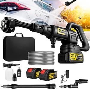 highsam Idropulitrice a Batteria, Gisam Pressure Washer Portatile, 3 Velocità Max 65Bar, 2x4.0Ah Batterie, 6-in-1Multiuso Ugello, 180° Girevole Ugello, Spruzzatore di Schiuma, 5M Tubo | Irrigazione Pulito