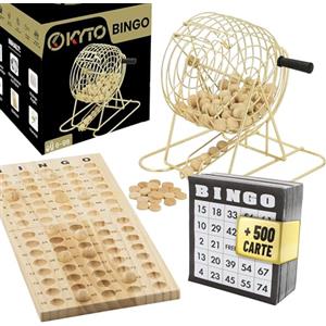 Kyto Grande gioco del bingo dorato in metallo con 150 gettoni, 75 palline e tabellone in legno, 18 cartelle di tombola rigide + extra 500 cartelle in carta, per adulti e bambini