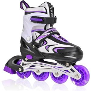 DUZSKJ Pattini in linea regolabili per bambini e bambine, pattini a rotelle per bambini e bambine, pattini in linea per ragazze e ragazzi, bambini piccoli, giochi indoor e outdoor (Nero e viola, L)