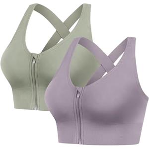 FVXYnnv 2 Pezzi Reggiseno Sportivo Donna, Alto Impatto Push Up Sport Bra Senza Cuciture Senza Ferretto con Cerniera Frontale Chiusura e Imbottito (Verde Viola, S)
