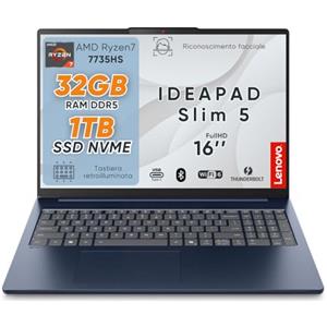 Lenovo Ideapad Slim5 Pc Portatile, Notebook Amd Ryzen7 7735HS, 32GB RAM DDR5, SSD 1TB (2 x 512Gb), Display 16 WUXGA IPS FHD+, Laptop Wi-Fi 6, Usb Thunderbolt, Tastiera Retroilluminata, Cosmic Blue