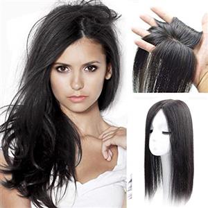 Drasawee Topper per capelli umani veri, da donna, con base in seta, clip nella parte superiore, per coprire i capelli bianchi con nastro liscio, parrucca, 5 x 8 cm, 20 cm, colore naturale