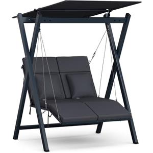 blumfeldt FlexiSwing - Dondolo da Giardino, 2 Posti con Schienale & Tettuccio Regolabili, capacità: 160 kg, Telaio in Acciaio Verniciato, Cuscini Spessi, Resistente alle Intemperie