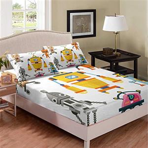 Tbrand Set di lenzuola Bella Cartoon Robot a tema Lenzuolo con angoli Carino Vari Robot Stampa Lenzuola Set Ragazzi Copertura Letto Ultra Morbido Camera