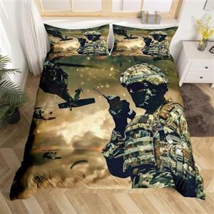 Homemissing Set di biancheria da letto per ragazzi e ragazzi con motivo soldato americano, set di biancheria da letto con elicottero e elicottero, per bambini, mimetico, militare, per letto matrimoniale, 3 pezzi