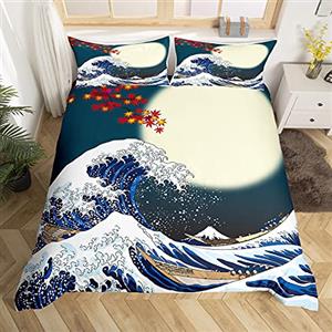 Homemissing Japanese Hokusai Modello Set Copripiumino 200x200cm Esotico Japanese-Stile Copripiumone Blu Wave Modello Copripiumini per Bambini Fuji Mountain Stampato Copripiumino