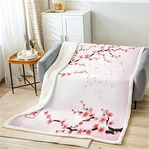 Homemissing Coperta in pile Sherpa con fiori di ciliegio, per bambini, ragazze, donne, acquerello, floreale, pelosa, per divano e letto, stile giapponese, per letto singolo, 127 x 152 cm