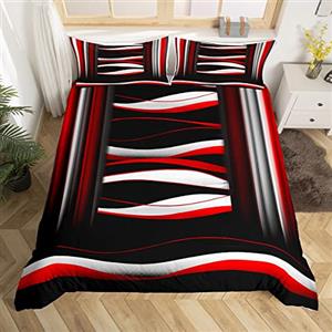 Homemissing Set di biancheria da letto con motivo geometrico a righe rosse e geometriche, set di biancheria da letto per donne con motivo a righe astratte con copripiumino e 2 federe per letto matrimoniale