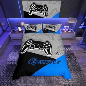 Homemissing Set di biancheria da letto per bambini e ragazzi, con copripiumino e biancheria da letto, 3 pezzi, nero, blu, grigio (matrimoniale)