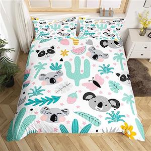 Homemissing Set di biancheria da letto per bambini, ragazzi e ragazze, motivo koala, con animali kawaii, copripiumino con piante tropicali, copriletto traspirante per letto matrimoniale
