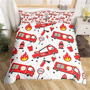 Homemissing Set copripiumino per auto con motivo a fumetti motivo camion dei pompieri set di biancheria da letto per auto e veicoli dei pompieri copriletto per bambini ragazzi e ragazze taglia singola con 1 fede