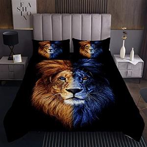 Tbrand Set di copriletto trapuntato con motivo leone blu, marrone, animali selvatici, 3D, stile fauna selvatica,uomini, camera da letto, colore nero, stampa safari, matrimoniale con 2 federe