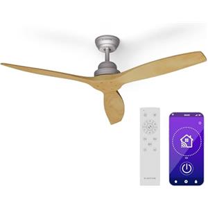 KLARSTEIN Smart Ventilatore da Soffitto Senza Luce - Silenzioso, con 3 Pale in Vera Legna, 6 velocità, Controllo Via Telecomando/App/Voce, Funzione Estiva/Invernale, 132 cm, Design in Acero