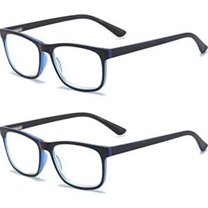 MMOWW Confezione da 2 Occhiali da Lettura Donna Uomo, Anti Luce Blu Rettangolari Occhiali con Cerniere a Molla (Blu, +2.0)