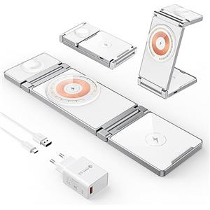 Hohosb Caricatore wireless 3 in 1 pieghevole in lega di zinco[Compatibile con il caricatore Magsafe],Stazione di ricarica magnetica per iPhone serie 15/14/13/12,per AirPods,iWatch-Bianca
