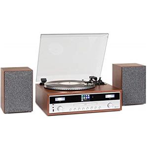 AUNA Birmingham - Impianto Stereo HiFi, Internet/Sintonizzatore Radio DAB+/FM, Bluetooth, Giradischi, Trasmissione a Cinghia 33 e 45 giri/min, Lettore CD, USB, AUX, 2 Altoparlanti da 50 W, Marrone