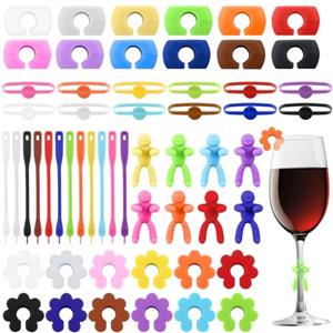 Furuising 56 Pezzi Segna Bicchieri Calici in Silicone, Colorati Segnabicchieri per Calici, Riutilizzabile Segna Bicchiere Identificatore per Feste Bar Bicchieri Vino Cocktail (5 Stili)