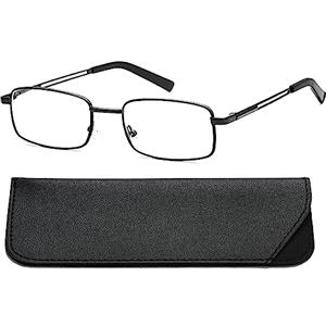 Hubeye Occhiali da Lettura Uomo Rettangolare In Metallo Cerniera A Molla Materiale In Acciaio Inox Occhiali Anti Luce Blu con la custodia in pelle 3.50