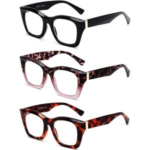 JM 3 Pack Occhiali da lettura quadrati oversize da donna, lettori di computer alla moda che bloccano la luce blu +1.0