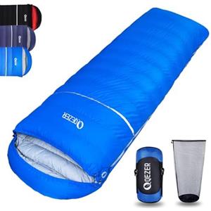 QEZER Sacco a pelo invernale all'aperto fino a -18C°, sacco a pelo leggero e caldo con piuma premium 620FP per campeggio, escursionismo e trekking all'aperto (Blu zaffiro -3°C)