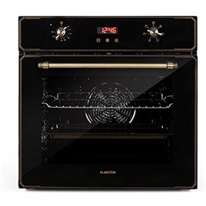Klarstein Elizabeth - Forno Elettrico a Incasso, Design Rétro, 70L, Classe A, Autonomo, Ventola/Calore dall'Alto/dal Basso/Grill, 2200 Watt, 50-250 °C, Manopola e Maniglia Effetto Ottone (Nero)