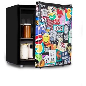 KLARSTEIN Cool Vibe - Frigorifero, Classe Energetica E, VividArt Concept: Sportello Con Stampa Piena di Coloratissimi Adesivi, Vano Freezer, Forma per Cubetti, Rumorosità: 42 dB, Volume: 48 L, Nero
