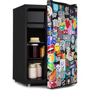 KLARSTEIN Cool Vibe - Frigorifero, Classe Energetica E, VividArt Concept: Sportello Con Stampa Piena di Coloratissimi Adesivi, Vano Freezer, Forma per Cubetti, Rumorosità: 42 dB, Volume: 70 L, Nero