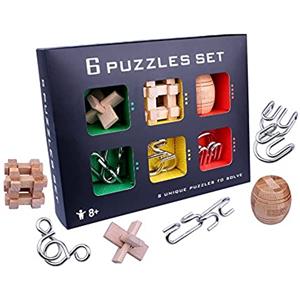 OBEST 6 Pezzi Rompicapo in Metallo e puzzle in legno Set, Giocattoli Classico Educativi IQ Test, Giochi di 3D Incastro Puzzle in Legno e Metal Wire intellettuale di logica per Adulti e Bambini
