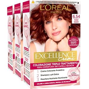 L'OREAL PARIS L'Oréal Paris Tinta Permanente Excellence Creme 6.54 Biondo Scuro Mogano Ramato Colorazione Triplo Trattamento Copre 100% dei Capelli Bianchi Lunga Durata con Acido Ialuronico - 3 Tinte