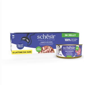 Schesir Cibo Umido per Gatti Adulti al Gusto Tonnetto con Filetti di Manzo - 6 Lattine da 140G in Morbida Gelatina