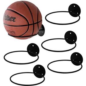 Smavles Porta Palloni da Muro, 5 Pezzi Supporto per Pallone, Supporto da Parete Nero, Espositore per Pallone per Pallacanestro, Basket, Calcio, Pallavolo, Rugby(Metallo Nero)
