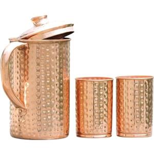 2activelife Brocca in rame puro al 100% da 1500 ml con 2 bicchieri, brocca martellata per acqua potabile con bicchieri, set di brocca in rame con coperchio e tazze, borraccia con manico, benefici per