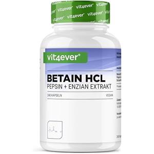 Vit4ever Betaine HCL - 240 capsule da 695 mg - Premium: Con pepsina e genziana amara - Enzimi digestivi a spettro completo - Dose elevata