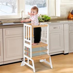 COSYLAND Torre Montessoriana Bambini regolabile in altezza - torretta montessoriana con dispositivo anti-ribaltamento e gradini antiscivolo - montaggio facile per età 18 mesi-6 anni(Bianco e naturale)