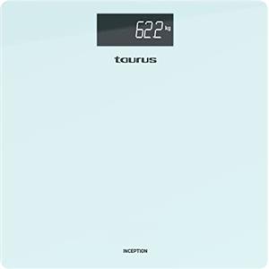 Taurus Inception - Bilancia pesapersone digitale, design sottile, 28x28 cm, vetro temperato ultra resistente, kg/lb, display ad alta visibilità, max 180kg/min 3kg, piedini antiscivolo, azzurro