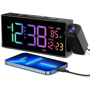 Netzu Sveglia con proiezione sul comodino, sveglia forte con proiettore girevole a 350°, temperatura, data, 10 allarmi, 4 volumi, 5 dimmer, caricatore USB, sveglia proiettore per camera da letto soggiorno